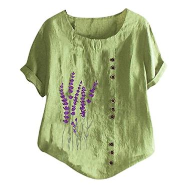 Imagem de Camisetas femininas de linho, estampa floral, manga curta, túnica, gola redonda, botões, camisetas de verão e férias, B - verde, GG