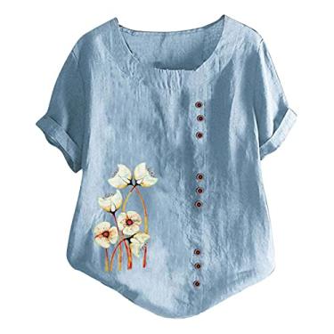 Imagem de Camiseta feminina de linho com estampa floral, manga curta, gola redonda, botão, túnica folgada para o verão, Azul #1, XXG