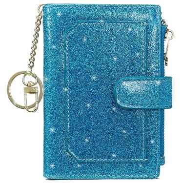 Imagem de Carteira feminina RFID pequena compacta de couro dobrável com bolso com zíper, Glitter azul escuro, Medium, Compacto