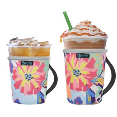 Imagem de Pacote de 2 mangas isolantes reutilizáveis para copo de café com alça para bebidas frias, suporte de neoprene de 473 ml para Starbucks Coffee, McDonalds, Dunkin Donuts (Pattern1)