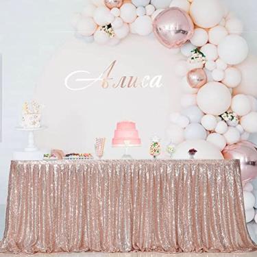 Imagem de Eternal Beauty Saia de mesa de lantejoulas de 2,7 m para festa de casamento, aniversário, chá de bebê, decoração de férias (L22 pés) A 76 cm, ouro rosa)