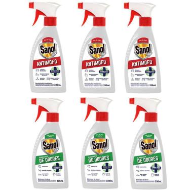 Imagem de Kit com 3 Eliminador de Odores desagradáveis e 3 Anti Mofo (Eliminador de Mofo) Sanol A7 330ml