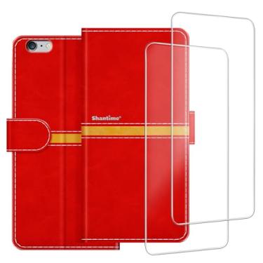 Imagem de ESACMOT Capa de celular compatível com iPhone 6 Plus + [2 unidades] película protetora de tela de vidro, capa protetora magnética de couro premium para iPhone 6S Plus (5,5 polegadas) vermelha