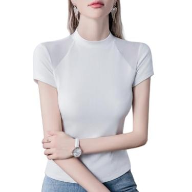 Imagem de Yueary Camiseta feminina manga curta malha patchwork slim fit verão gola alta camiseta moderna sexy pulôver tops, Branco, 3G