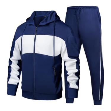 Imagem de Conjunto de 2 peças de moletom masculino casual, atlético, com capuz, blocos de cores, manga comprida, conjunto com capuz, C-756 azul-marinho, P