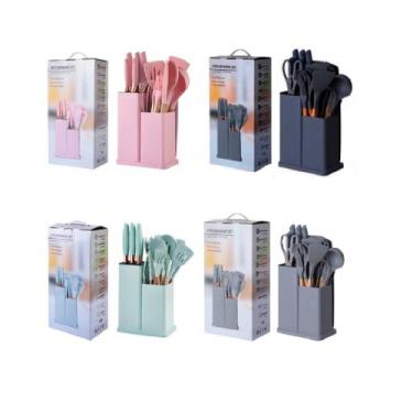 Imagem de Kit de utensilio 19 peças silicone com cabo de madeira e jogo de facas