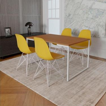 Imagem de Mesa Industrial Base Ferro Branco Tampo 137x90 Canela 4 Cadeiras Ferro