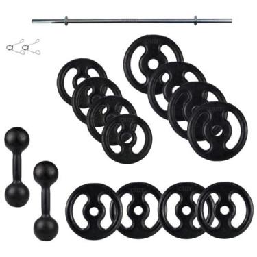 Imagem de Kit Anilhas de Ferro 40Kg +  Barra 120cm e Par de Halter de 5Kg - CIUZ