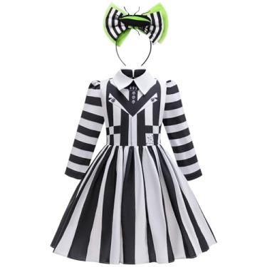 Imagem de Miltrs Girls Halloween Costume Black and White Striped Dress kids with Headband for Movie Cosplay Ghost Dress-Up