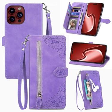 Imagem de Monwutong Capa carteira com design de armazenamento com zíper para iPhone 15 Pro Max, capa de couro com toque agradável à pele com fecho magnético e compartimentos para vários cartões, coldre de