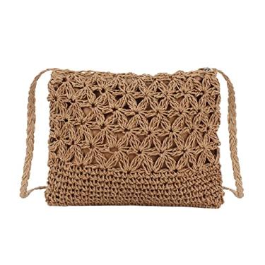 Imagem de Van Caro Bolsa de ombro feita à mão de palha de algodão com borlas de crochê para mulheres, 6891 cáqui, One Size
