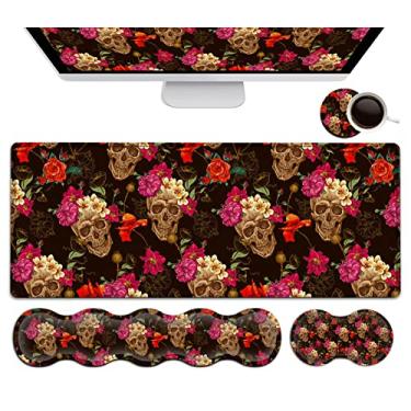 Imagem de Mouse pad preto, conjunto de mouse pad de teclado, mouse pad estendido para jogos + teclado de espuma de memória suporte para descanso de pulso, rosa flor crânio tapete de mesa de escritório fácil digitação, tapete de mesa grande XXL grande Mousepad tapete de mesa