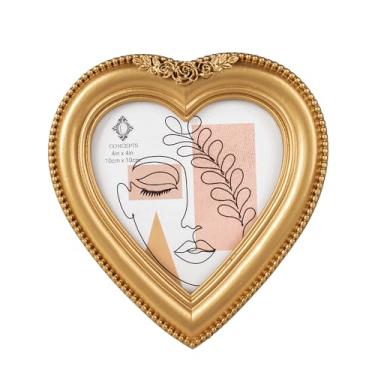Imagem de Concepts Porta-retrato em forma de coração de resina com contas douradas 4 x 4 com vidro transparente HD, molduras para fotos extra duráveis - exibição de mesa