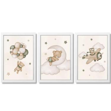 Imagem de Kit Quadro Quarto Infantil Bebê Urso Aviador Verde Bege - Creative Cat