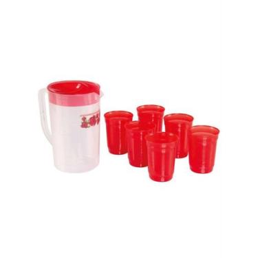 Imagem de Jarra 2 Litros Para Suco Água + 6 Copos de Plástico Vermelho Flor - JW