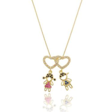 Imagem de Colar Pingente 2 Coração Zircônia Cristal Filhos Casal Zircônia Colori