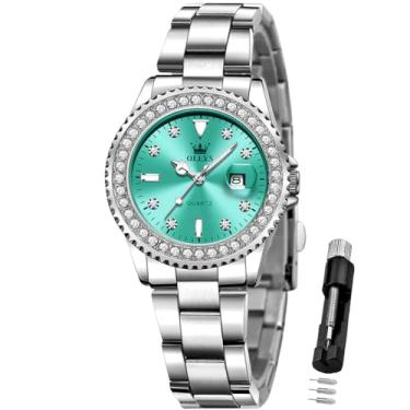 Imagem de OLEVS Relógio feminino analógico de quartzo com vestido de diamante, aço inoxidável, dois tons, à prova d'água, luminoso, data, para presente, relógio azul, relógio feminino
