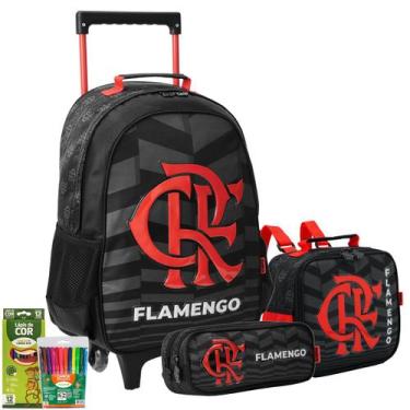 Imagem de Kit Mochila Rodinhas Infantil Escolar Flamengo Preta Oficial