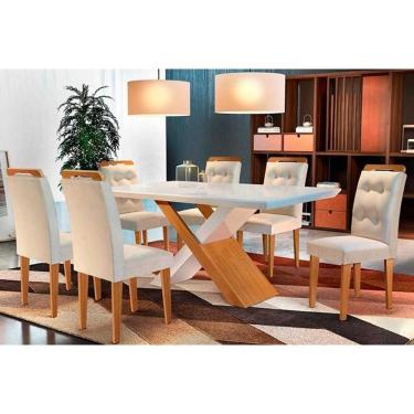 Imagem de Kit 6 Cadeiras Sala Jantar Imperatriz Tampo Madeirado c/ Vidro Reto 180x90 e 6 Cadeiras Imperatriz Imbuia/Suede Creme - Rufato