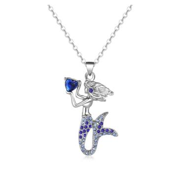 Imagem de OSCCI Colar de cristal com pingente de strass e coração de sereia delicado para mulheres, Metal, Cristal
