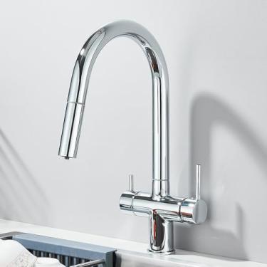 Imagem de Torneira de cozinha com filtro de água pura, torneiras flexíveis de cozinha com duas alças, aço inoxidável, 2 em 1, torneira misturadora de água quente e fria, torneira cromada