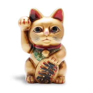 Imagem de Seto-yaki Maneki Neko Cofrinho, 16 cm, estatueta japonesa de gato da sorte pintada à mão, cofre de dinheiro de cerâmica para decoração de casa, talismã da fortuna e prosperidade (ouro)