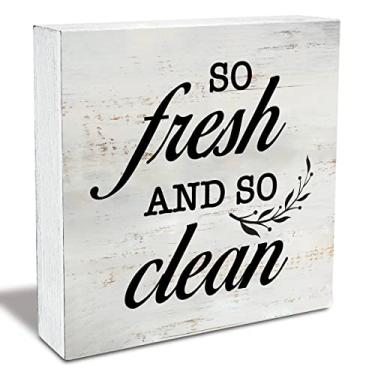 Imagem de Fresh and So Clean Wood Box Sign Rustic Wooden Box Sign Farmhouse Home Bathroom Laundry Room Desk Shelf Decor (5 X 5 Inch)