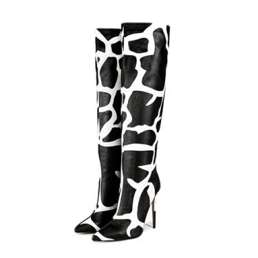 Imagem de Rock88 Botas femininas acima do joelho, bico fino com estampa de zebra com zíper nas costas, botas de salto agulha para festas e eventos de uso diário, branca, 44