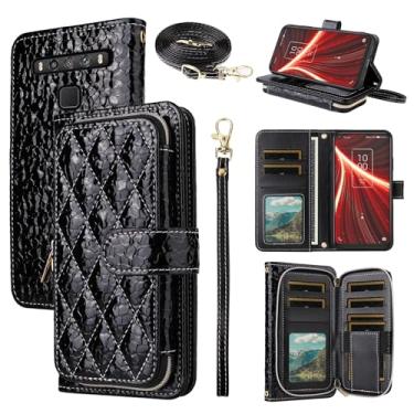 Imagem de Furiet Argyle Capa carteira para TCL 10 5G UW Verizon com tiracolo/alça de pulso luxuosa de couro PU com suporte de zíper à prova de choque para celular TCL105GUW TLC 105GUW G5 5GUW T790S preta