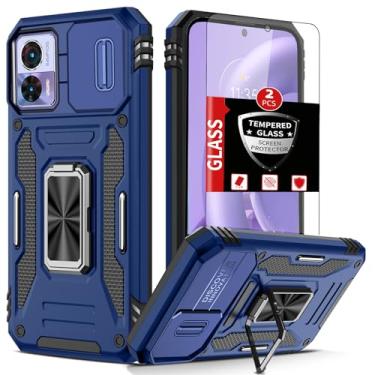 Imagem de FRLMOOES Capa para Motorola Edge 30 Neo com protetor de tela de vidro temperado, com anel de suporte e capa de câmera deslizante, para Motorola Edge 30 Neo capa de proteção de grau militar à prova de