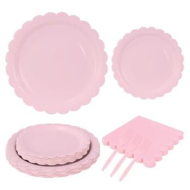 Imagem de MUNILAIL 96 Pcs Light Pink Plates and Napkins Party Supplies Serve 24 Guests Including Pink Scalloped Paper Plates and Napkins Plastic Forks for Baby Shower Birthday Party Disposable Dinnerware Set