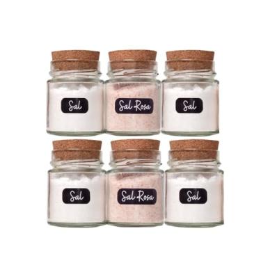 Imagem de Kit 6 Porta Temperos Potes Vidro + 32 Etiquetas Não Desbotam Tampa Rolha Gourmet Cozinha (6 Potes + Etiq. PRETAS)