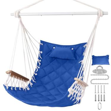 Imagem de ROOITY Cadeira de rede para pendurar com apoios de braços de madeira; barra de aço, travesseiros, kit de ferragens incluído; tecido de algodão; até 158 kg, para ambientes internos e externos, azul