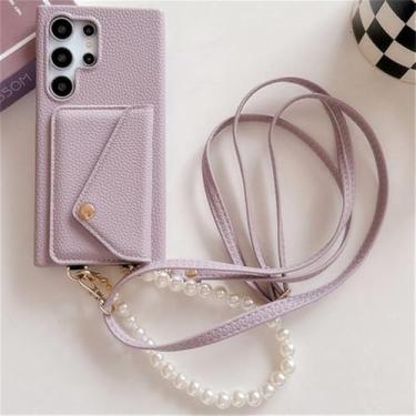 Imagem de Bolsa de couro para cartão para Samsung S23 S24 Plus Ultra S23FE Zflip 4 5 A35 A55 capa à prova de choque pulseira de pérola cordão, roxo, para S24 Ultra
