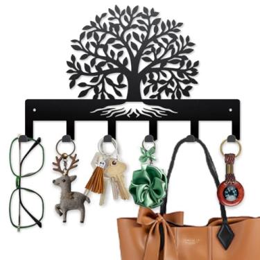 Imagem de MAYJOYDIY Tree of Life Porta-chaves de metal com folhas porta-enxertos montado na parede 15,7 × 9,20 cm, suporte organizador de chaves, com 6 ganchos para presente, casacos, toalhas, bolsas, pendurar