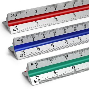 Imagem de Kyuionty Régua de escala de engenheiro de 30,5 cm, ferramenta de desenho triangular gravada a laser de alumínio para desenho de engenharia civil, escala imperial 1:10, 1:20, 1:30, 1:40, 1:50, 1:60