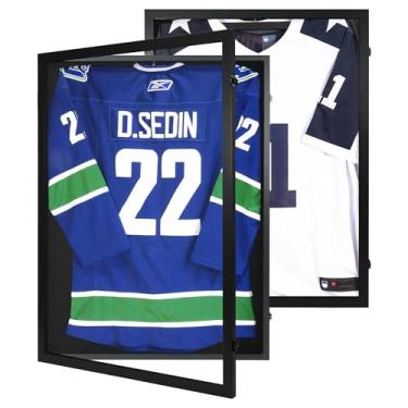 Imagem de ccdcc Caixa De Exposição De Moldura De Camisa De Madeira, Pacote Com 2, Grande Caixa De Sombra Para Camisa Esportiva Com Cabides Para Camisa De Futebol, Beisebol, Basquete E Futebol, Preta