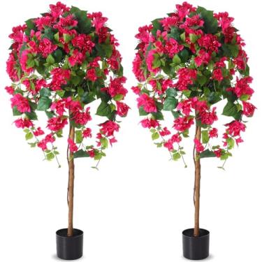 Imagem de Giegxin Árvore artificial de buganvílias de 1,5 m, 2 peças, buganvílias artificiais com flores em vaso de plástico, planta de chão alto, árvore falsa, grande, plantas falsas para decoração de