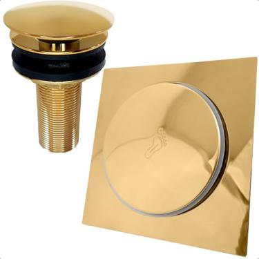 Imagem de Dona D.cor, Ralo Click Dourado 15x15 E Valvula Ralo Pia Banheiro 7/8 Aço Inox Ralo Inteligente 15cm E Valvula Click 30mm Escoamento Lavatorio Kit Banheiro Gold