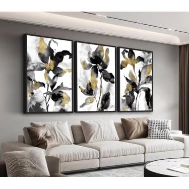 Imagem de Arte de parede abstrata emoldurada grande - decoração de parede floral estilo aquarela 40,6 cm x 61 cm conjunto de 3 impressões de arte botânica de ouro preto branco flores retrô imagens em tela para