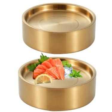 Imagem de Bandejas de servir geladas de aço inoxidável douradas de 21,6 cm, 2 peças de pratos gelados de festa, bandeja fria para aperitivos, prato de coquetel de camarão para peixes, frutas, festas