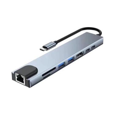 Imagem de Hub USB Tipo C 8 em 1 com HDMI 4K, Leitor de Cartões SD/TF, RJ45 e PD 