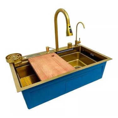 Imagem de Yesop Cuba Inox Cozinha Quadrada Com Válvula 75x45 Gourmet com Estação de Trabalho, e Tábua de Corte, Torneira Retrátil e Conjunto Completo de Acessórios (Dourado)