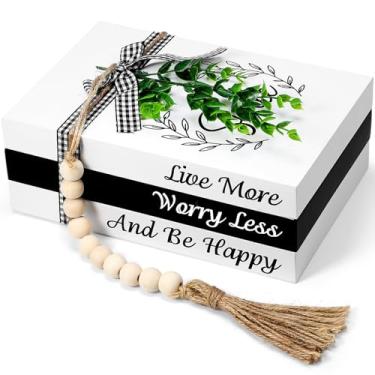 Imagem de Capoda 3 peças de livros decorativos para decoração de casa, casa de fazenda, livros falsos empilhados, decoração de mesa rústica de madeira com guirlanda de contas, fita de barbante folha falsa para