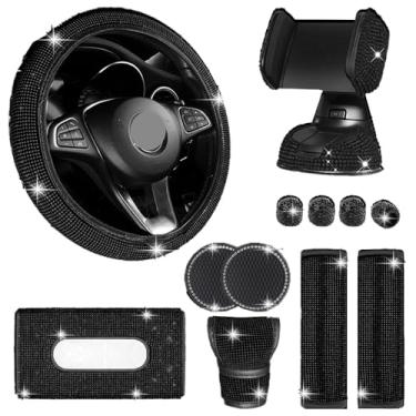 Imagem de MINGZAIQIPEI Pacote com 12 acessórios de carro brilhantes para mulheres, capa de volante com ajuste universal de 38 cm, cinto de segurança, capa de câmbio de marchas, suporte para celular, porta-copos