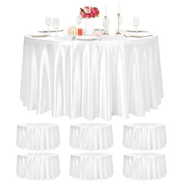 Imagem de Pesonlook Pacote com 6 toalhas de mesa redondas brancas, toalha de mesa de tecido de cetim de 228 cm para mesa redonda, lavável e resistente a amassados, roupas de mesa de seda brilhante para festa de