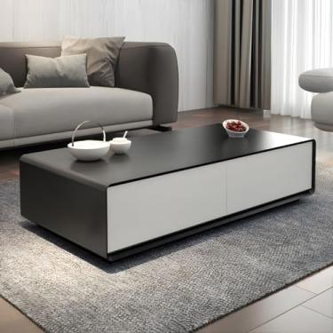 Imagem de Mesa retangular de madeira de estilo moderno, base abstrata, mesa de centro moderna, nórdica, retangular, criativa, armazenamento, preto, cinza, mesa de chá com 4 gavetas, preto e branco, 119 cm C x