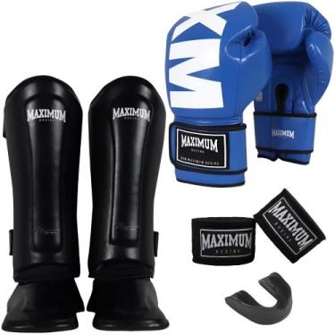 Imagem de Kit Luva Muay Thai Mxm Blue + Caneleira Muay Thai Classic Black + Band