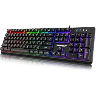 Imagem de NPET Teclado para jogos K10 com fio, retroiluminação LED, design resistente a derramamentos, teclas multimídia, teclado de membrana USB silencioso silencioso para desktop, computador, PC (preto)