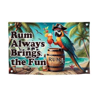 Imagem de Bandeira de 9,5 x 1,5 m com 4 argolas de latão - Bandeira de papagaio pirata tropical - Design com citação "Rum Always Brings Fun" - Banner ao ar livre para o verão - Pôster de praia tropical para